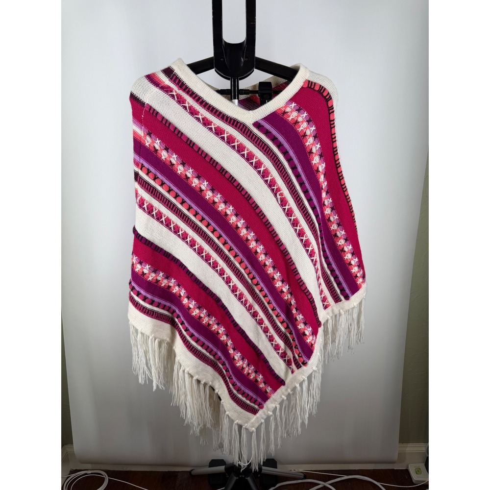 Albinaas Alpaca Striped Knit Poncho Magenta Purple Fringe Boho Wrap OS